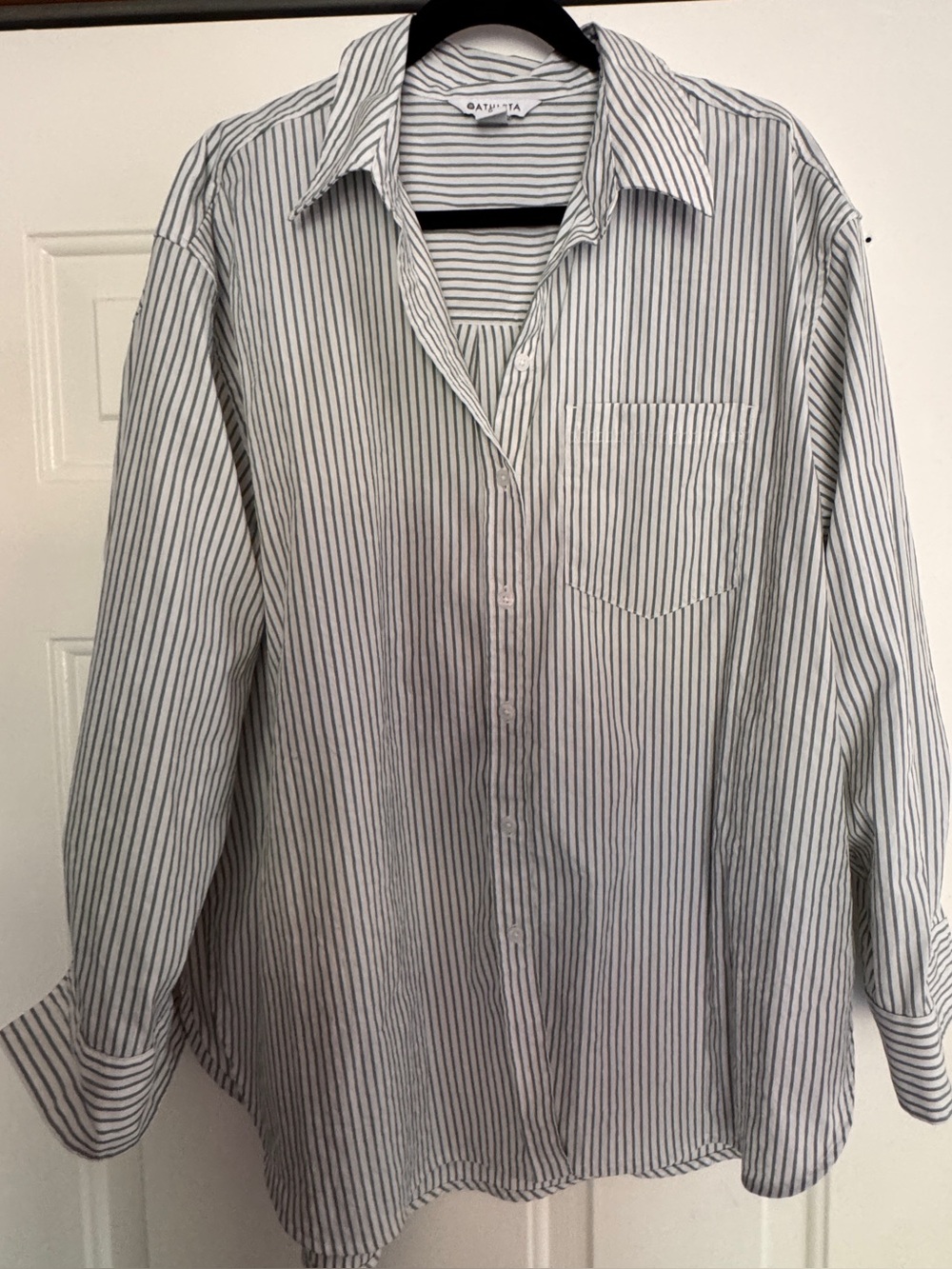 Athleta White & Green Striped Button-Down Shirt